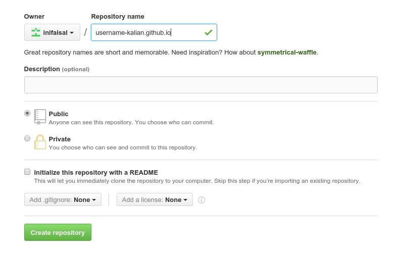 menamakan repositori baru di github